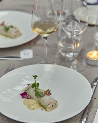 Lobster roll with turnip and wild flowers with Chablis Grand Cru Blanchot