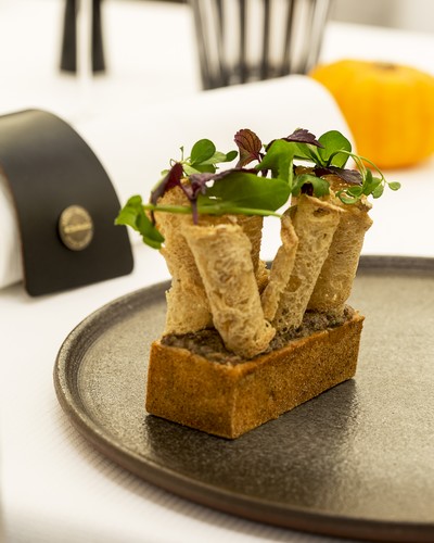 Foie gras mi-cuit with ponzu breadcrumbs and an olive-caper condiment, Chablis