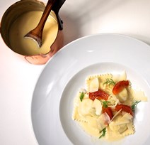 Pias Deli;Trout Ravioli with beurre blanc,blood orange and fennel;Chablis