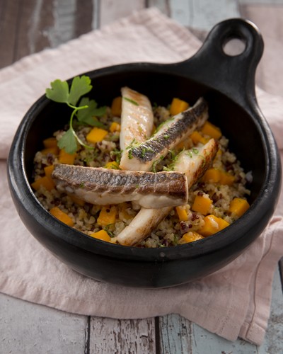 Goujons of sea bream with lime, served with quinoa mango risotto and Chablis 