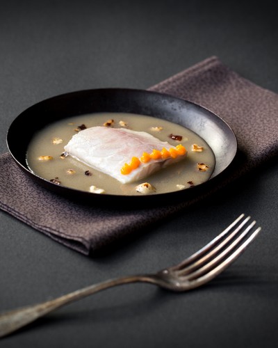 Sea bass steak with truffle jus and pumpkin hazelnut purée and Chablis Grand Cru