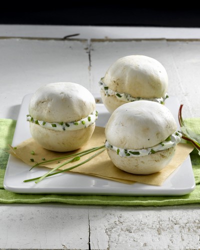 Mushroom macarons with fromage frais and fresh herbs and Petit Chablis