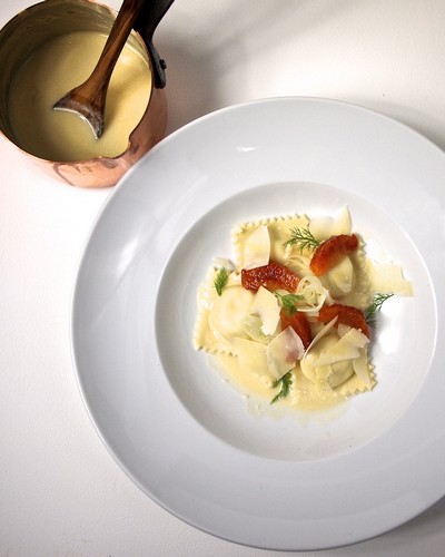 Pias Deli;Trout Ravioli with beurre blanc,blood orange and fennel;Chablis  