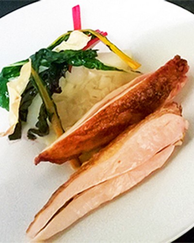 Roast guinea fowl with seasonal vegetables and Chablis Grand Cru Bougros