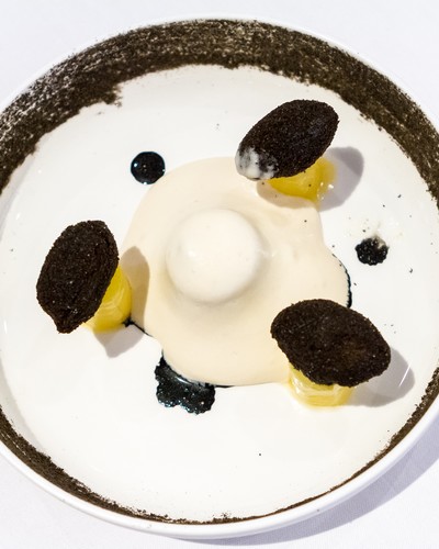 Crispy oysters dressed in black with a chablis wine