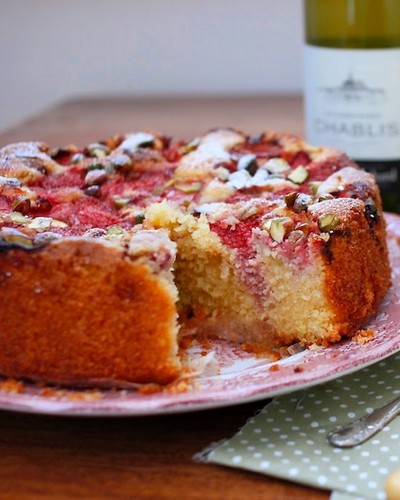 Lemon and pistachio polenta cake with gin-macerated strawberries [gluten-free] a