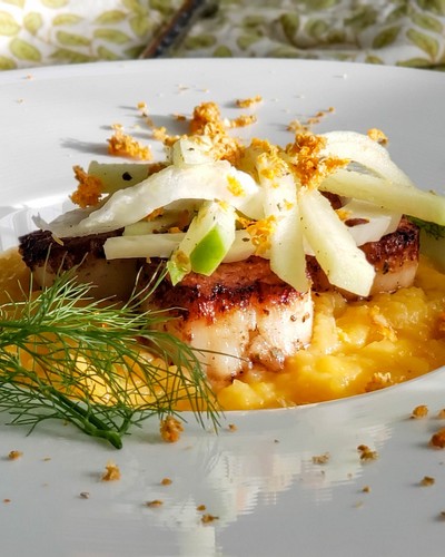 Seared Scallops on butternut apple cider puree and Chablis Premier Cru