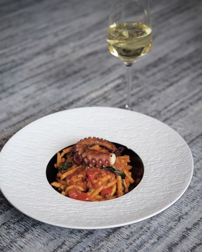 Bucatini Puttanesca with Smoked Octopus and Petit Chablis