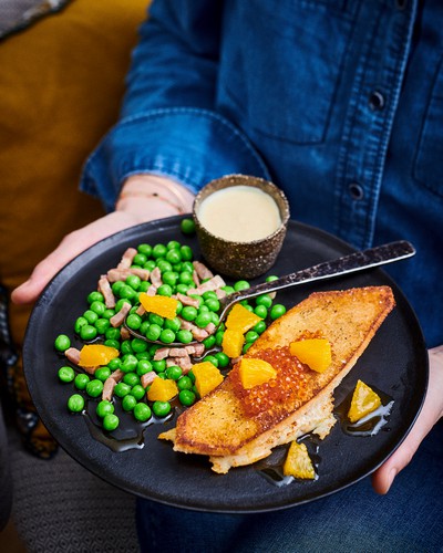 Breaded whiting with citrus sauce and Chablis