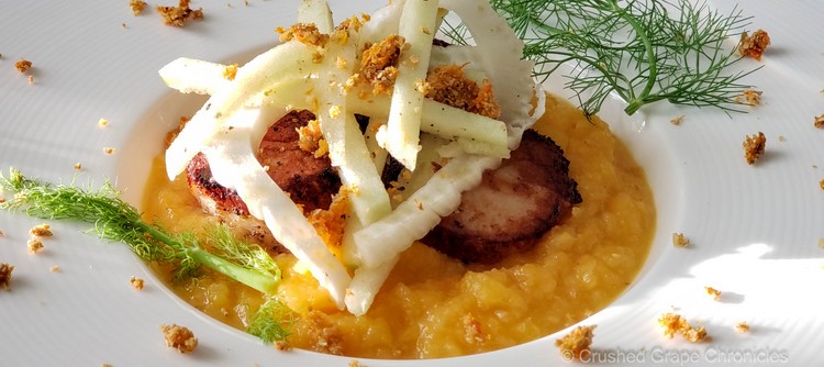 Seared Scallops on butternut apple cider puree with a fennel apple salad and Chablis Premier Cru Seared Scallops on butternut apple cider puree with a fennel apple salad and Chablis Premier Cru